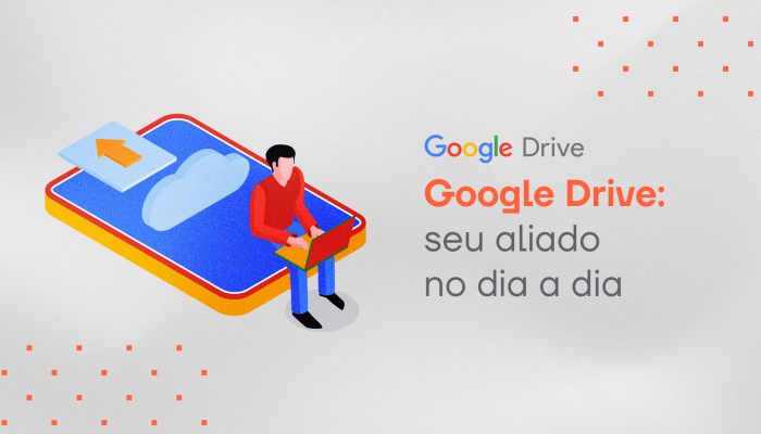 Boneco vetorial sentado em smartphone com google drive