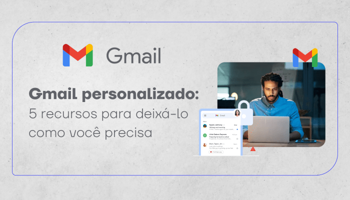 Homem usando notebook para acessar seu Gmail personalizado.