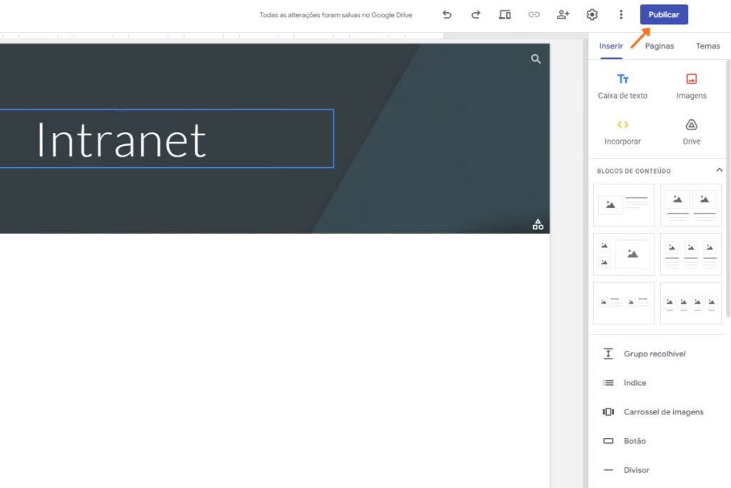 Indicação do botão de publicar um site pronto no Google Sites