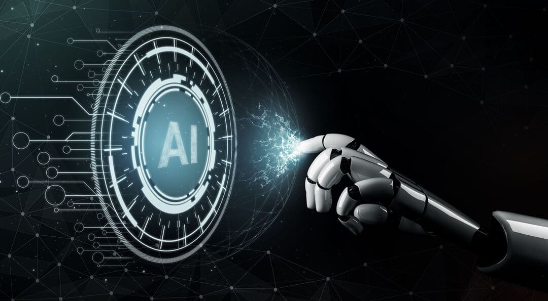 Braço robótico tocando em holograma com a sigla AI, aludindo ao uso da inteligência artificial do Google.