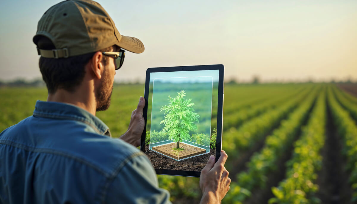 Agricultor segura um tablet com uma imagem preditiva do plantio à sua frente, representando o TI no agronegócio.