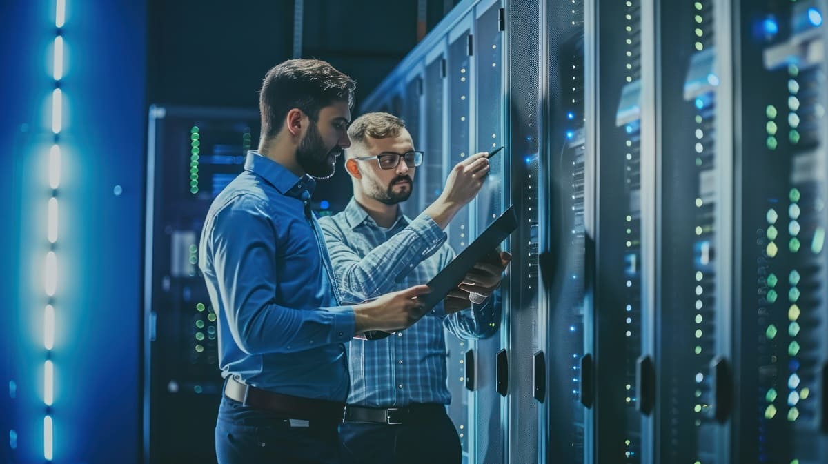 Dois homens trabalhando em servidores de uma empresa, em alusão à prática de load balance.