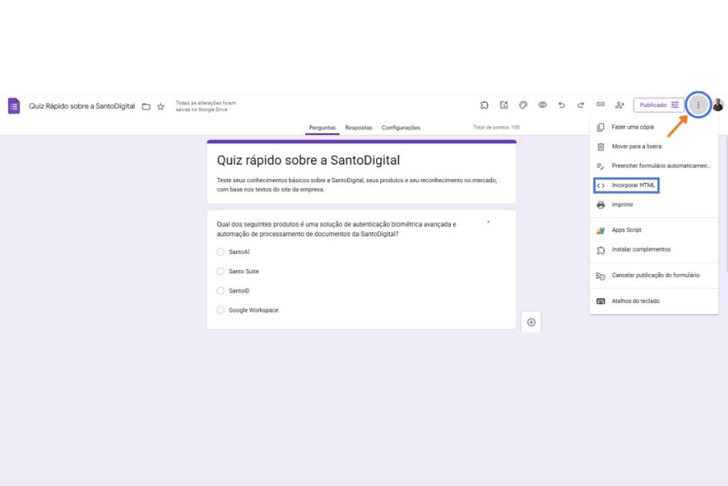 Tela ensinando a como pegar o código HTML do formulário do Google para inserir em site ou blog