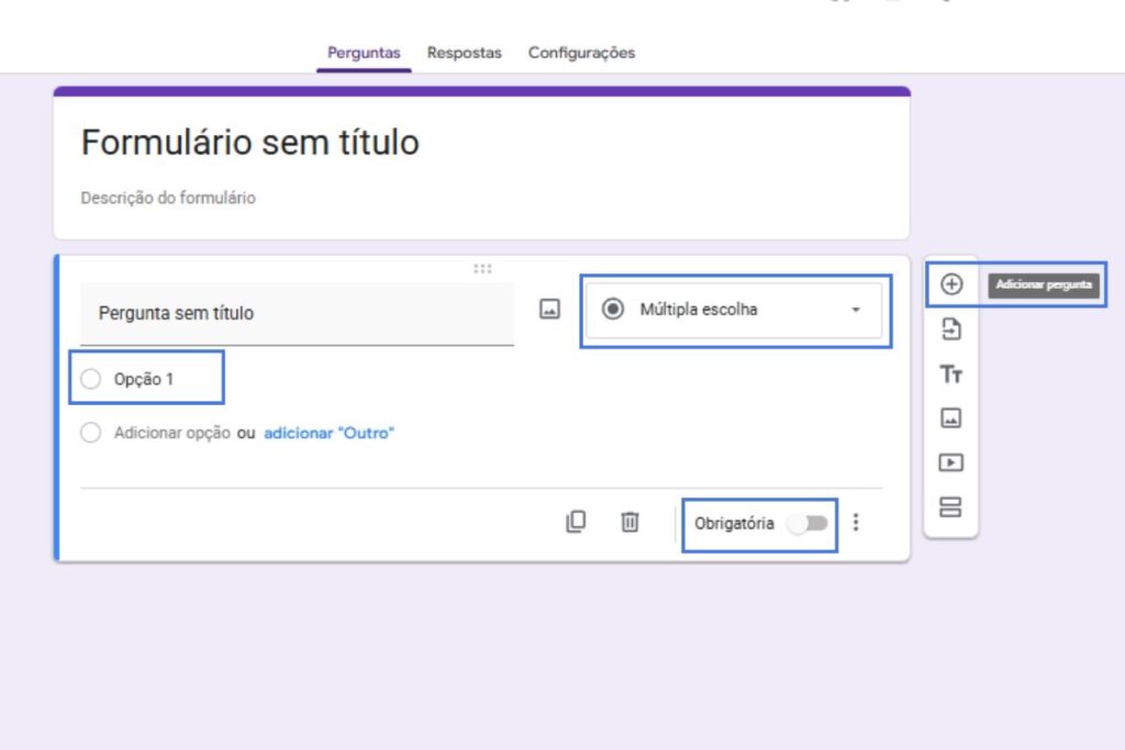 Tela que mostra como adicionar uma pergunta ao formulário do Google