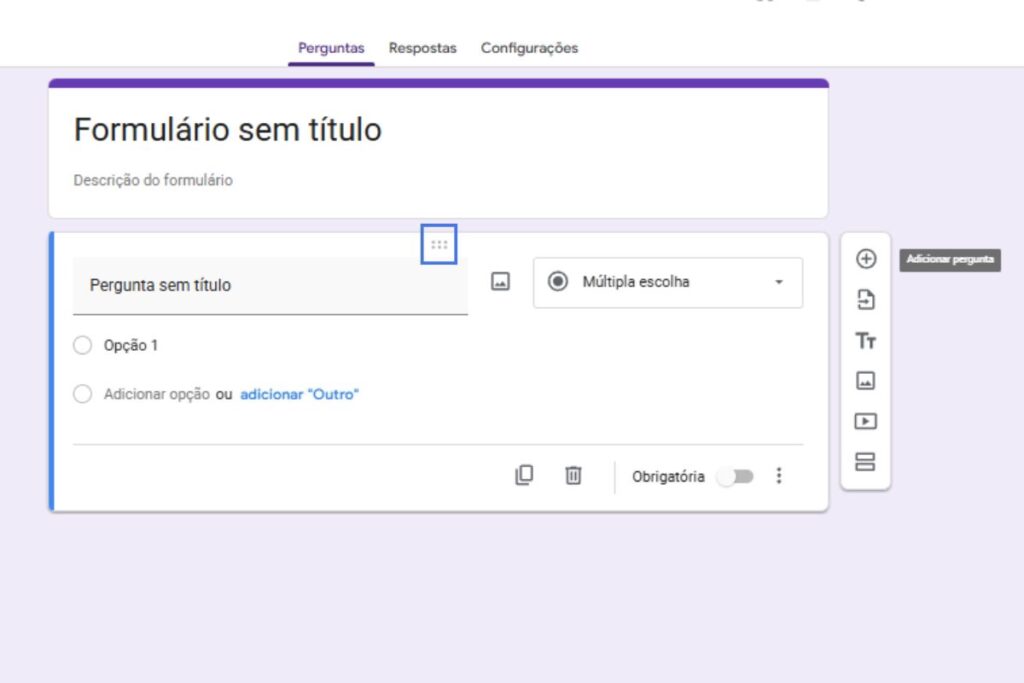 Tela que mostra como atualizar ou organizar uma pergunta no formulário do Google