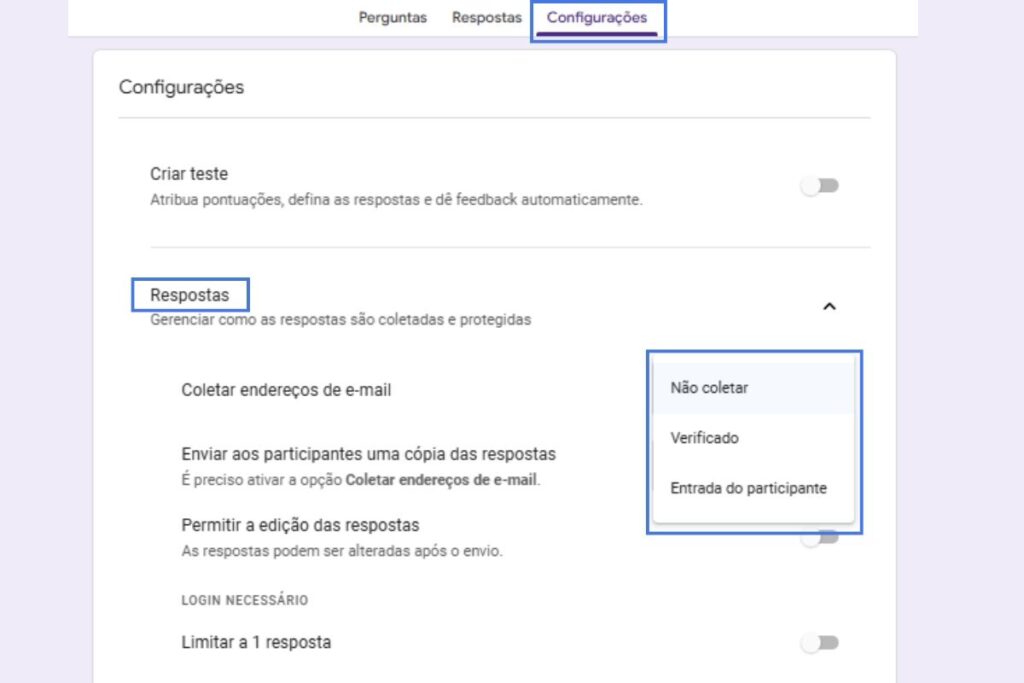 Tela ensinando a coletar e-mails nas respostas do formulário do Google.