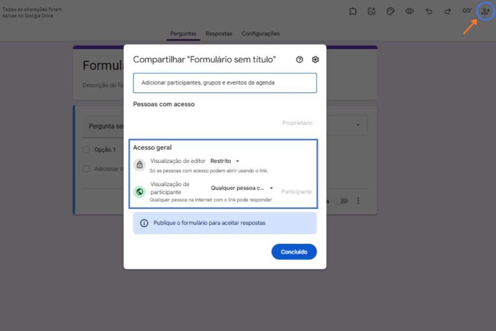 Tela ensinando a compartilhar um formulário do Google