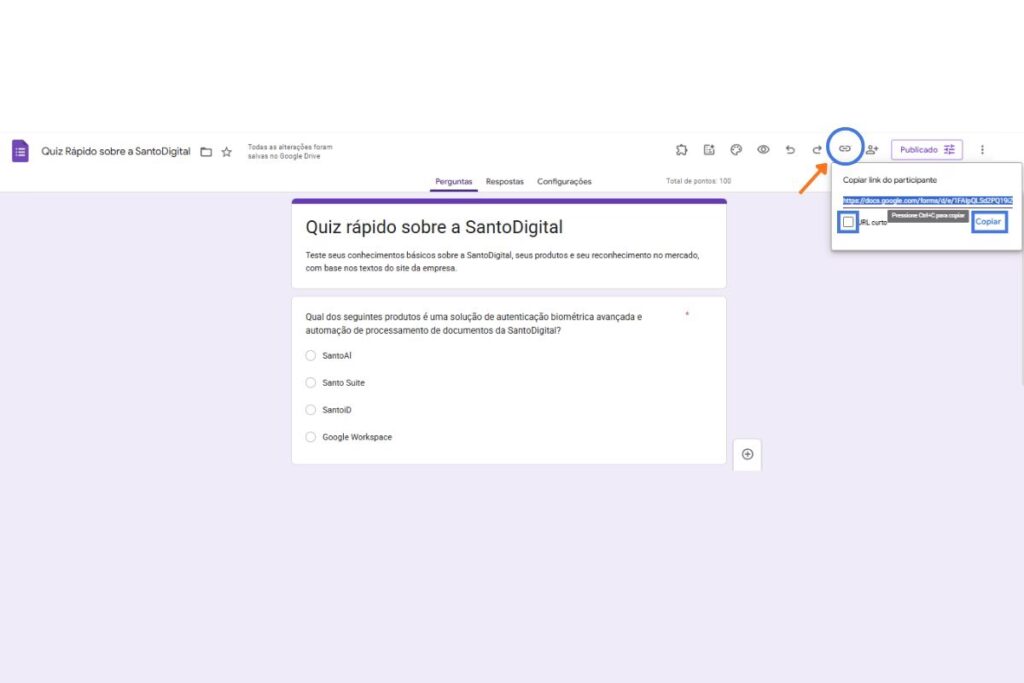 Tela ensinando a compartilhar o link do formulário do Google