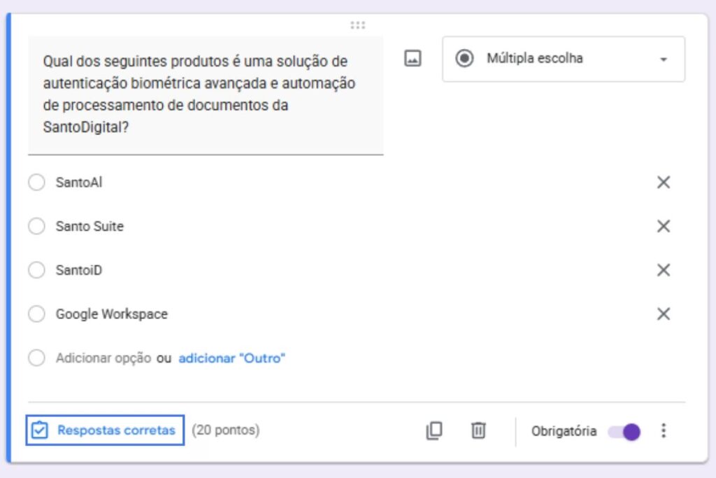 Tela ensinando a primeira etapa para criar uma chave resposta em teste no Google Formulários