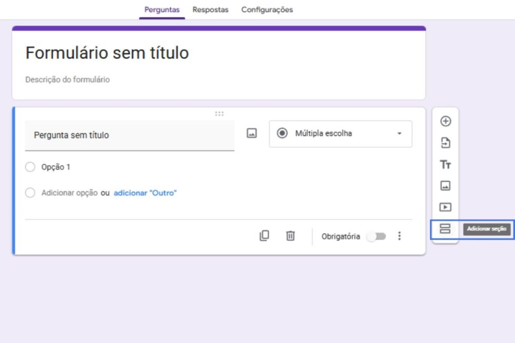 Tela que ensina a como criar seções no formulário do Google
