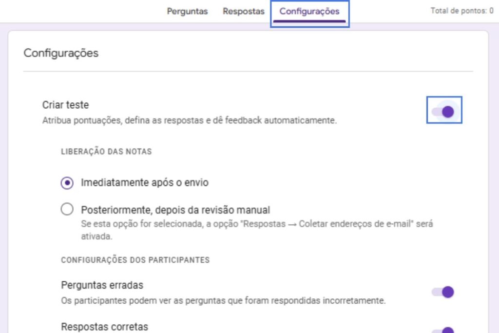 Tela ensinando a criar testes no formulário do Google