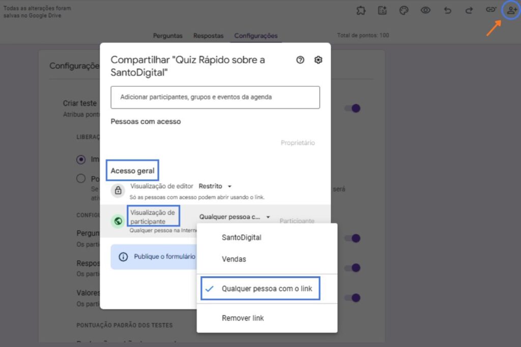 Tela ensinando a enviar testes do Google Formulários para pessoas fora do trabalho ou escola