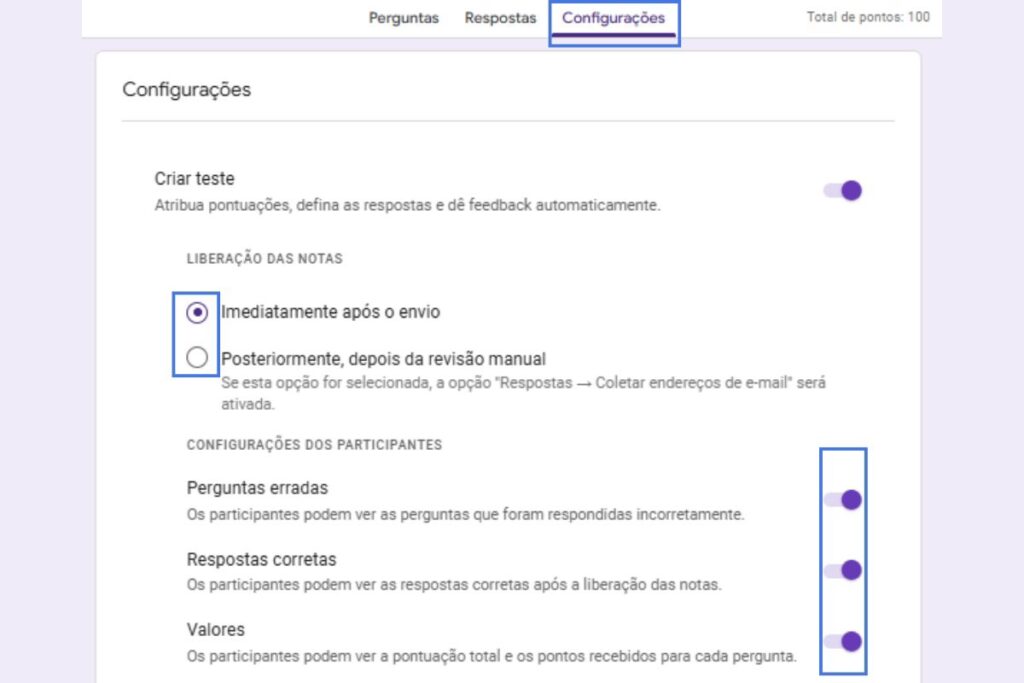 Tela ensinando a escolher o que os usuários veem durante e após o teste no Google Formulários