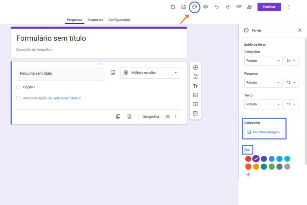 Tela que ensina a mudar a cor e o cabeçalho do Google Formulários