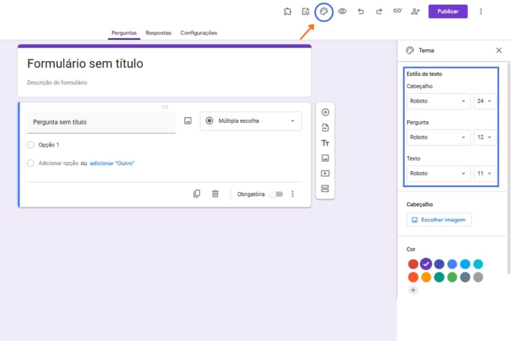 Tela ensinando a mudar a fonte no formulário do Google