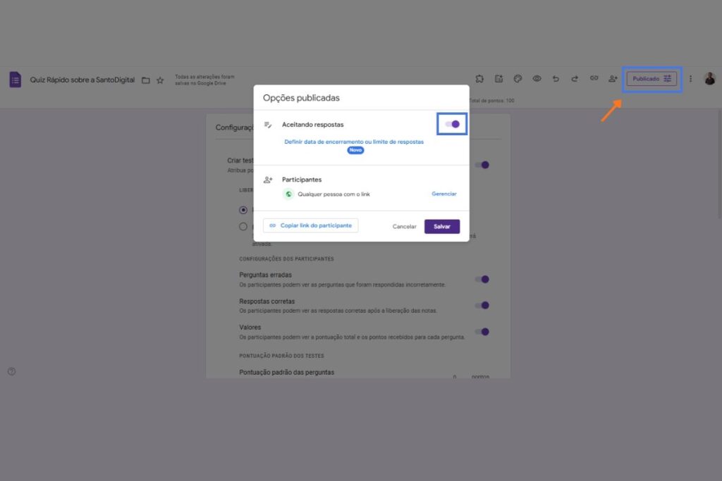 Tela ensinando a parar de coletar respostas no formulário do Google