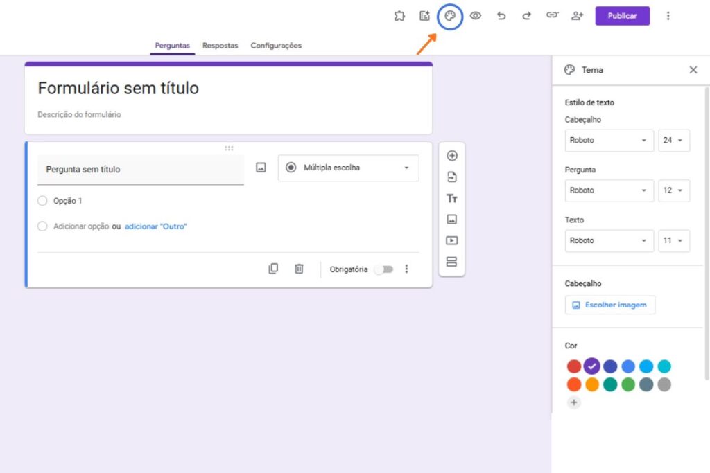 Tela que ensina como personalizar o design do formulário do Google