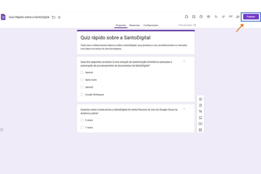 Tela ensinando a publicar um formulário do Google