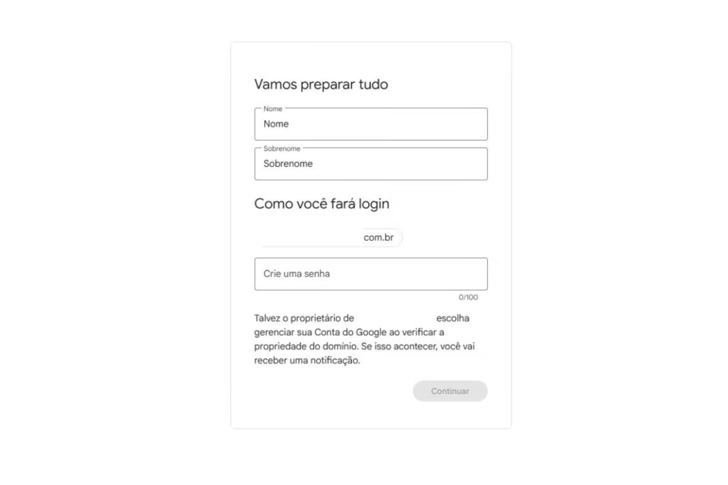 Página em que o usuário precisa inserir seus dados e senha para usar o Google Workspace gratuito