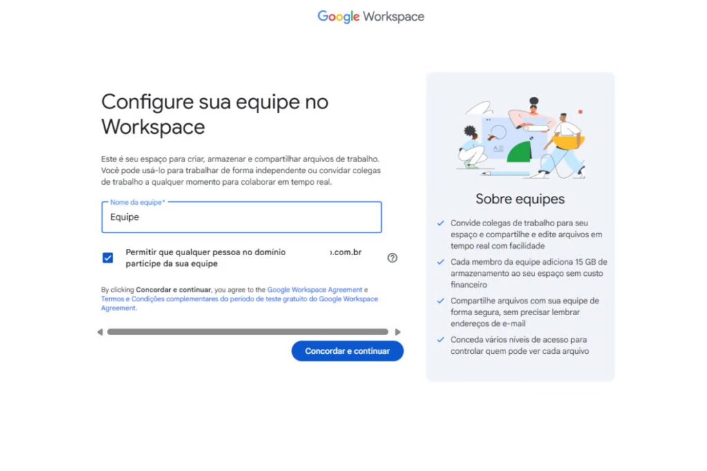 Página em que o usuário configura sua equipe no Workspace gratuito