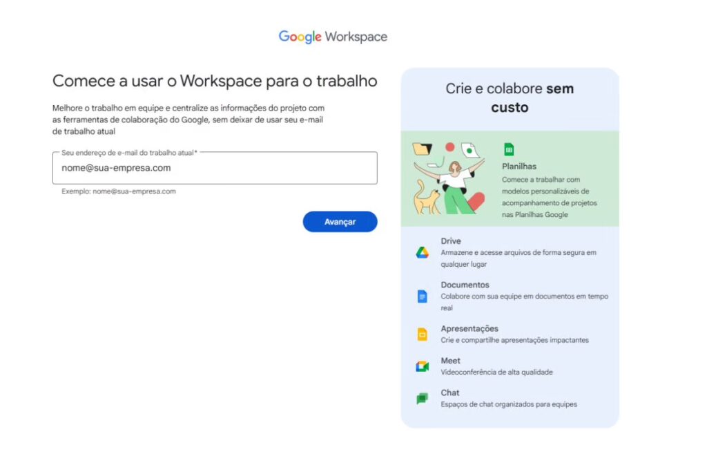 Página em que o usuário deve informar o e-mail para começar a usar o Google Workspace gratuito