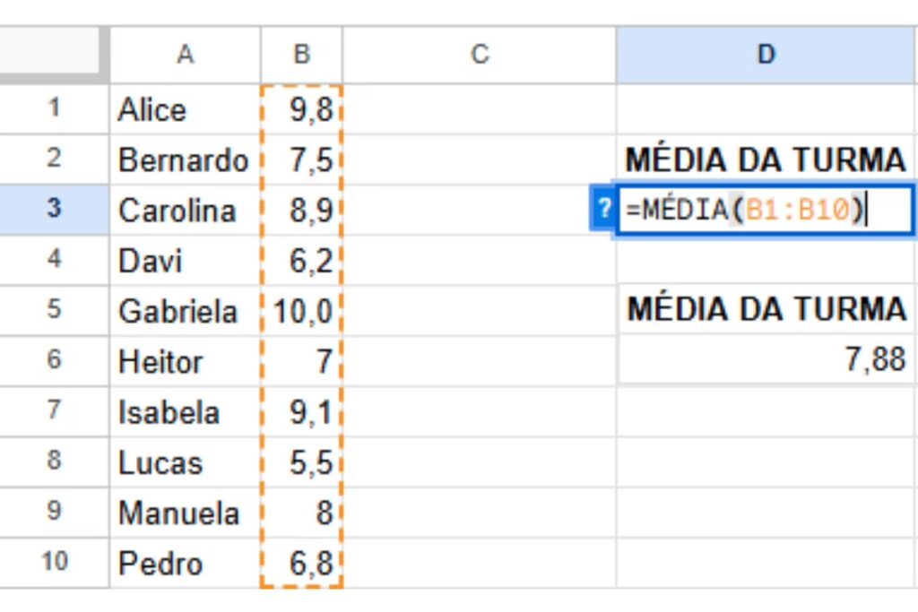 Fórmula de MÉDIA do Google Planilhas