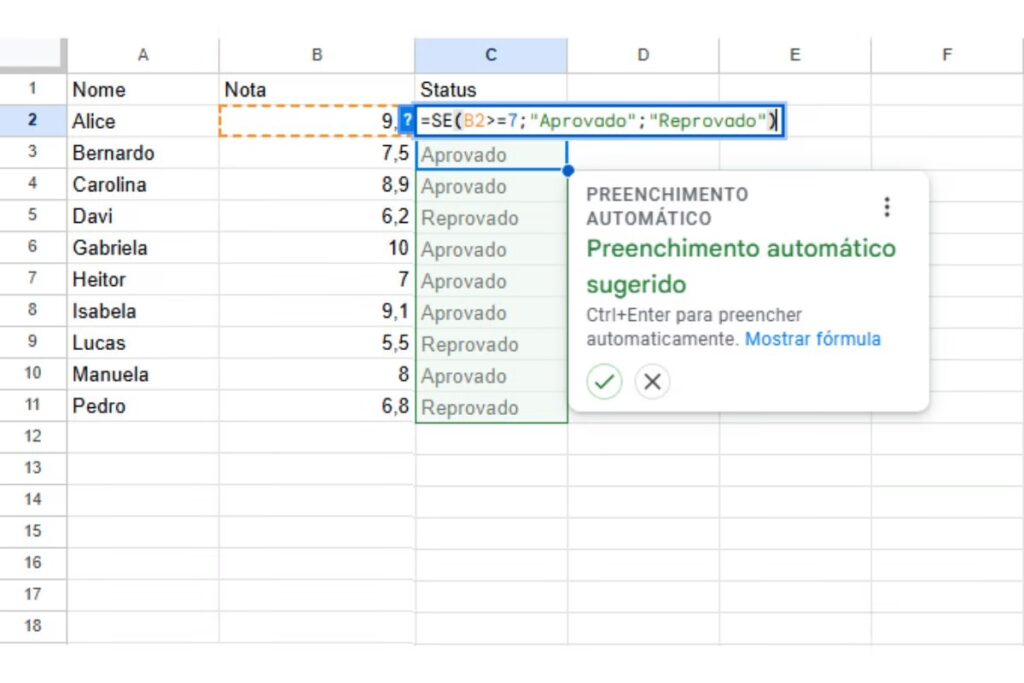 Fórmula SE do Google Planilhas