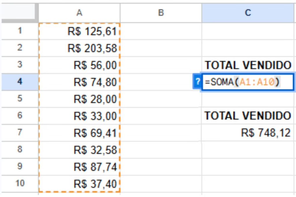 Fórmula de SOMA do Google Planilhas