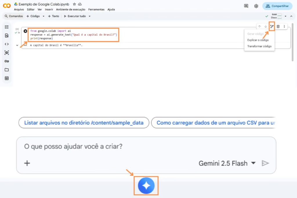 Tela ensina como acessar a IA generativa no Google Colab via código ou botões intuitivos