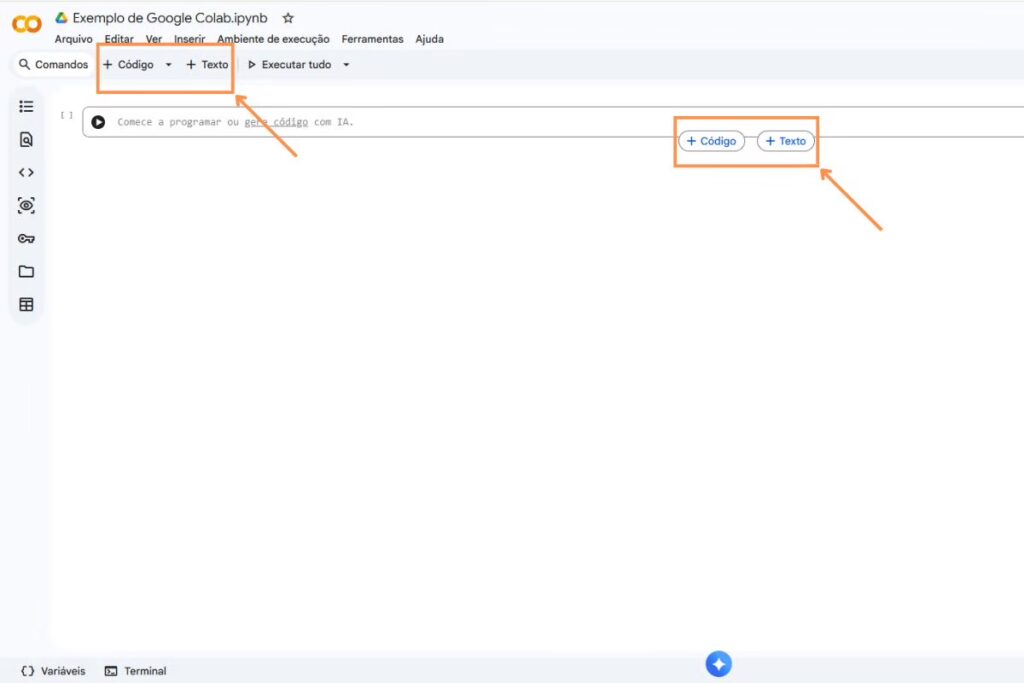 Tela que mostra como adicionar código e texto no Google Colab