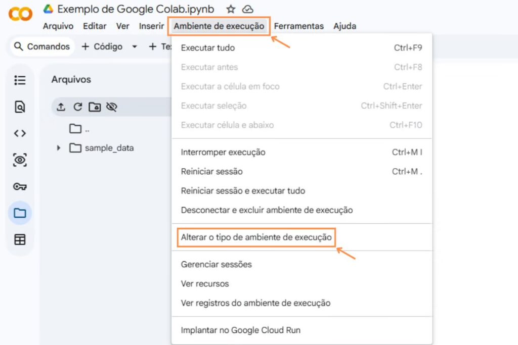 Tela ensina a chegar à tela de mudança de ambiente de execução no Google Colab