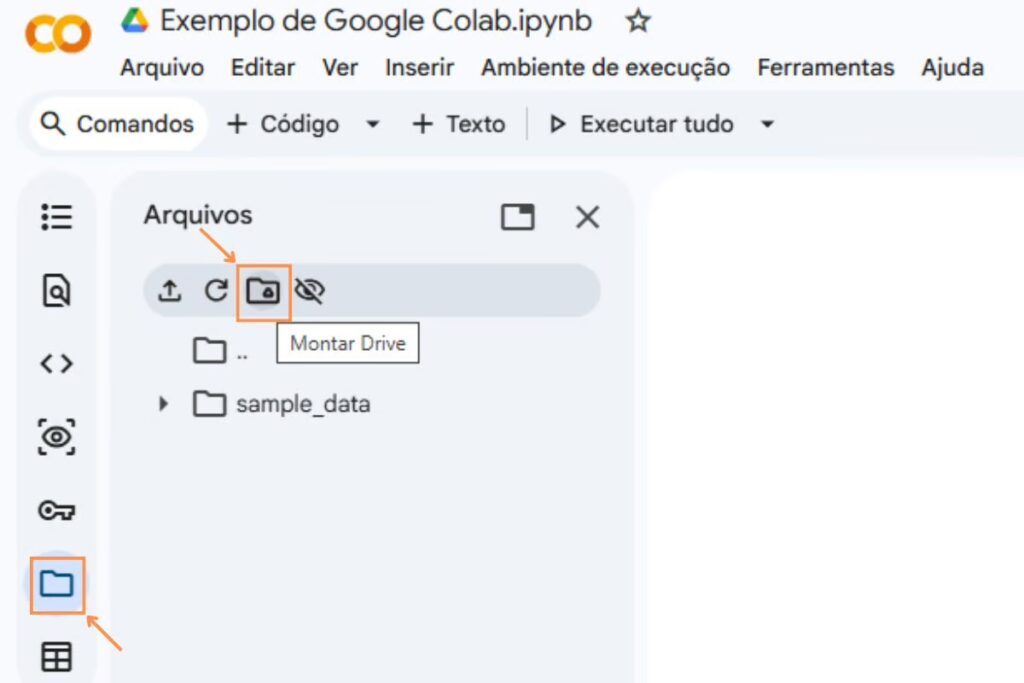 Tela ensina a conectar o Google Drive no Google Colab para desenvolvimento de código Python