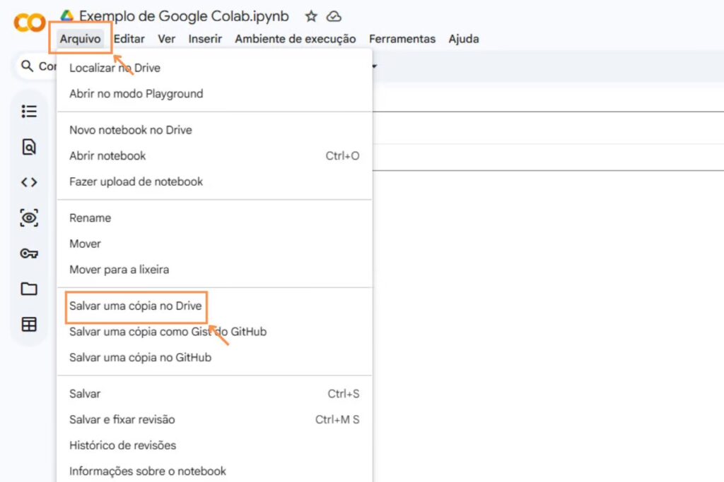 Tela mostra como salvar arquivos do Google Colab no Drive