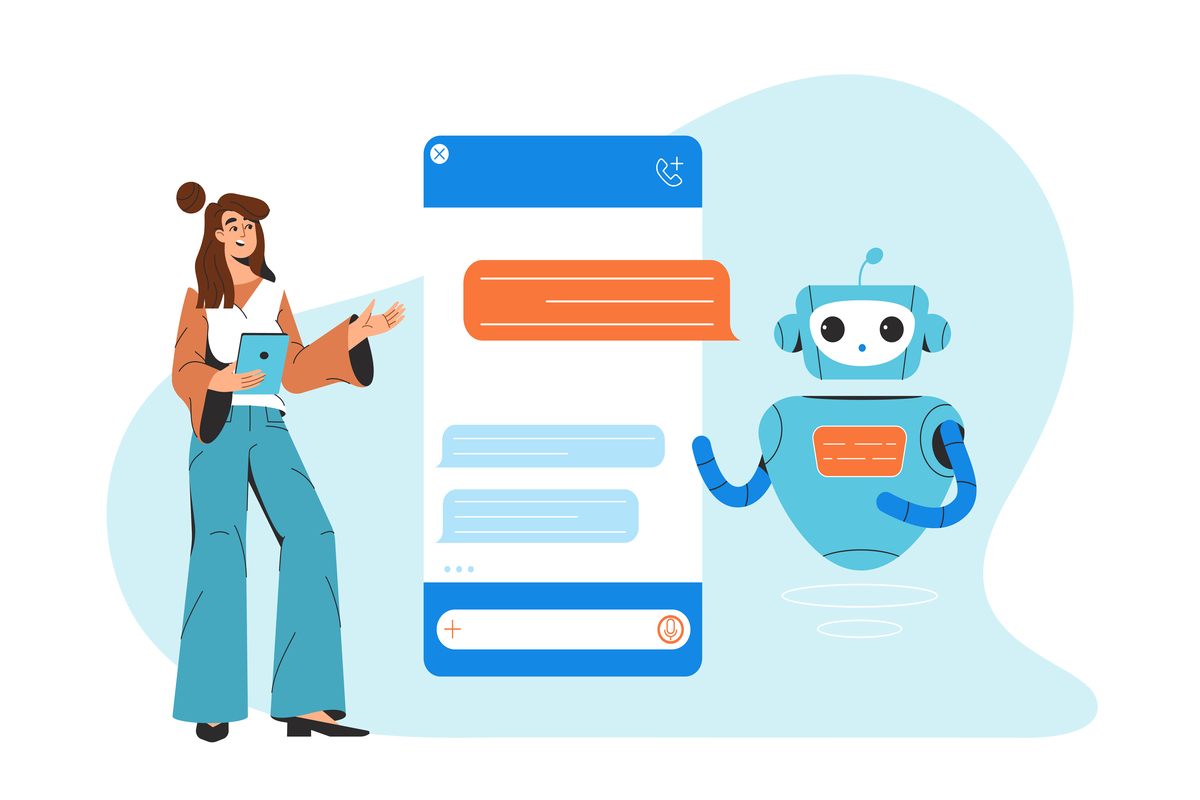 Vetor que ilustra a intereção de chatbot para empresas com uma pessoa.