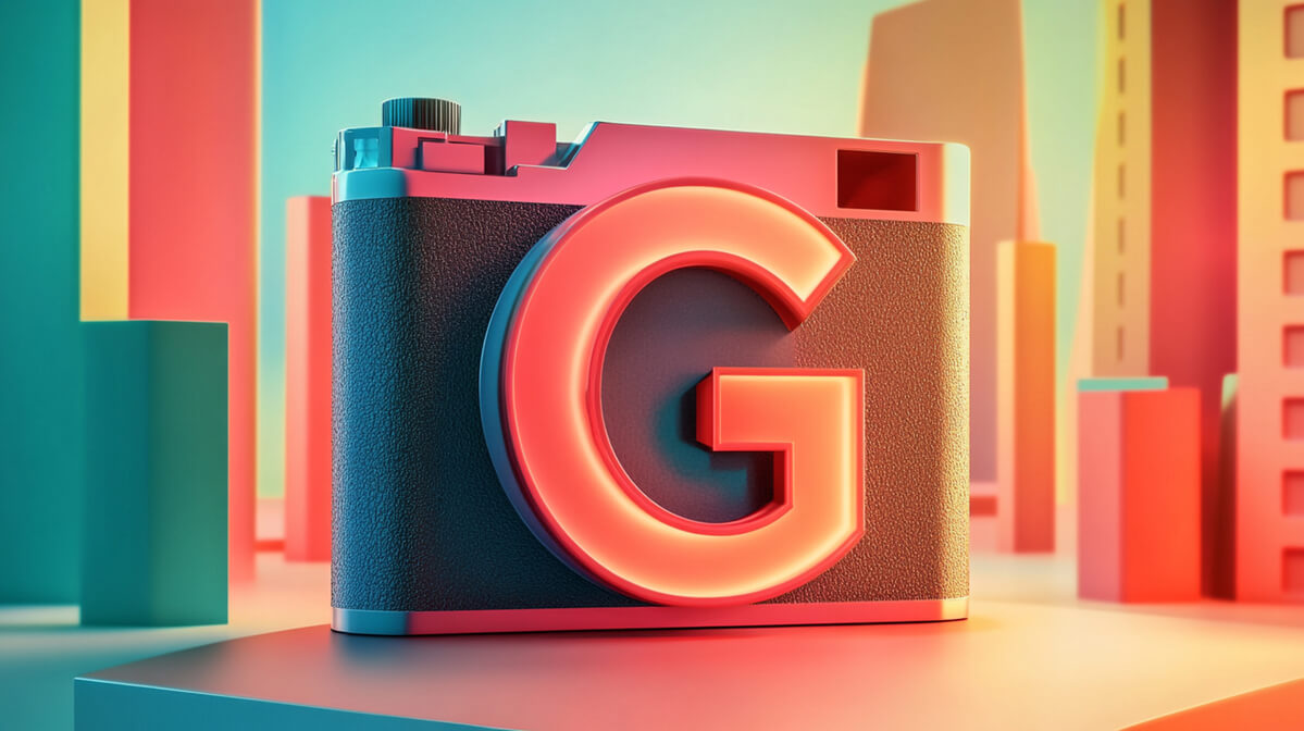 Imagem de uma câmera fotográfica com um "G" da marca Google criado por IA, representando o Product Studio