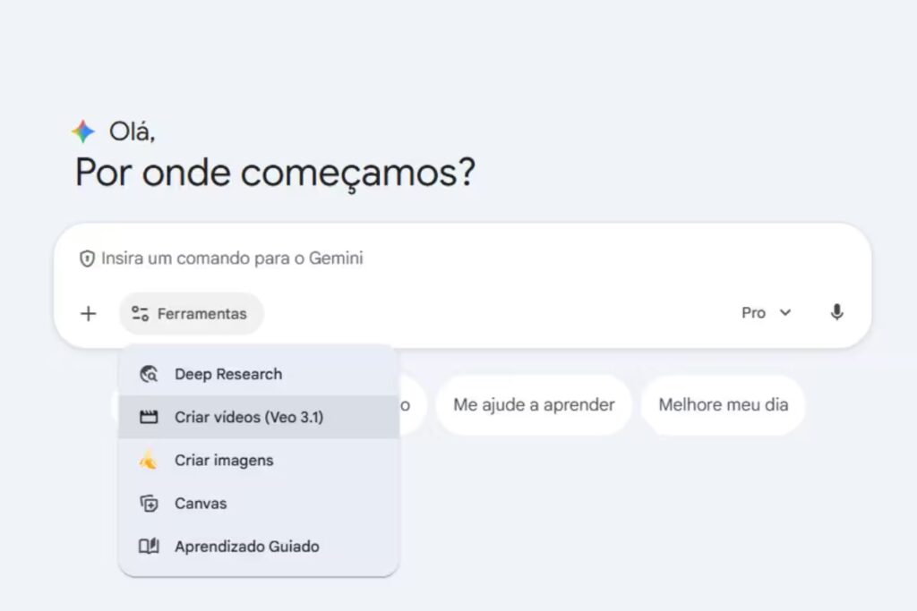 Acessar o Veo 3.1 pelo aplicativo do Gemini