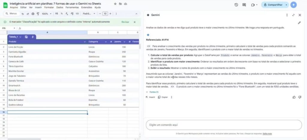 Análise de dados e geração de insights rápidos usando IA no Google Planilhas