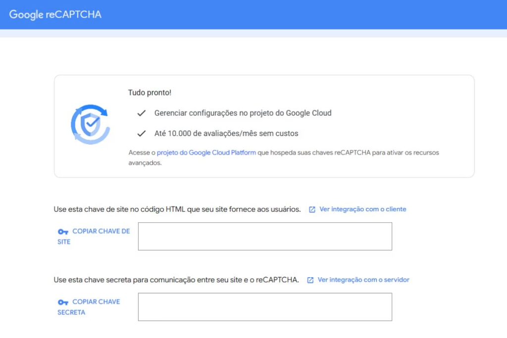 Página com chaves disponibilizadas pelo Google para serem usadas na instalação do reCAPTCHA