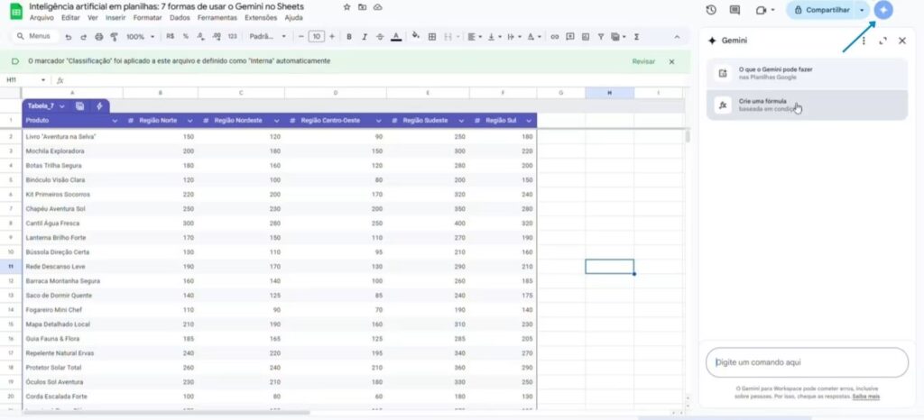 Usar o Gemini no Google Planilhas pelo painel lateral
