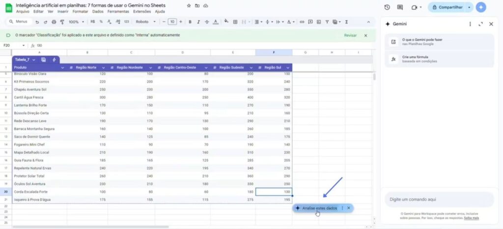 Pedir ao Gemini que analise os dados presentes em uma tabela no Google Planilhas