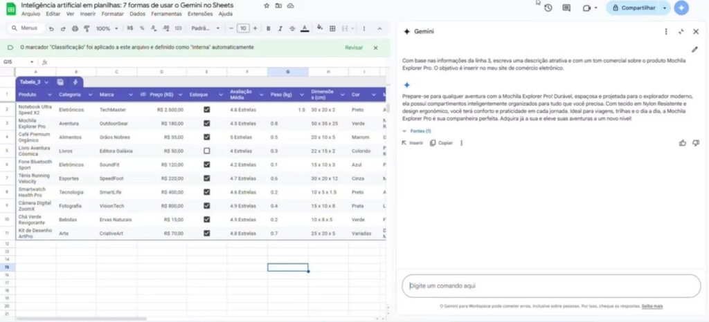 Geração de conteúdo e textos a partir de dados usando inteligência artificial em planilhas