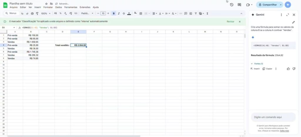 Geração inteligente de fórmulas e funções usando inteligência artificial no Google Planilhas