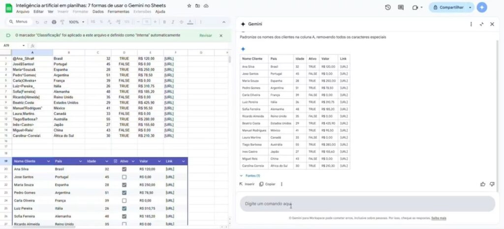 Limpeza e organização de dados automatizada com Gemini no Planilhas