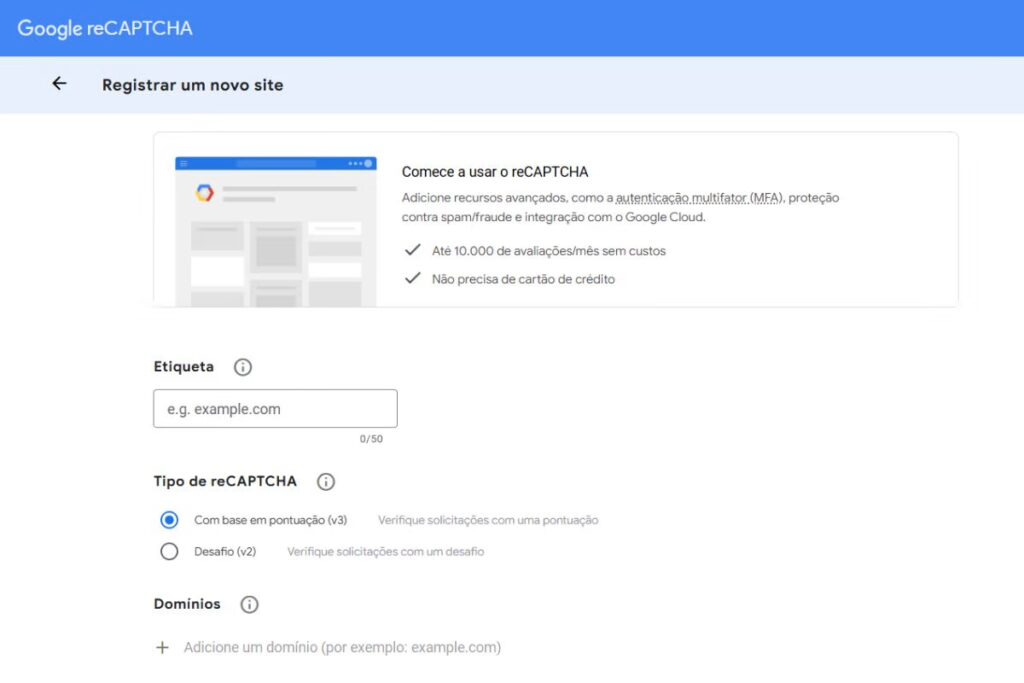 Página para registrar site no reCAPTCHA