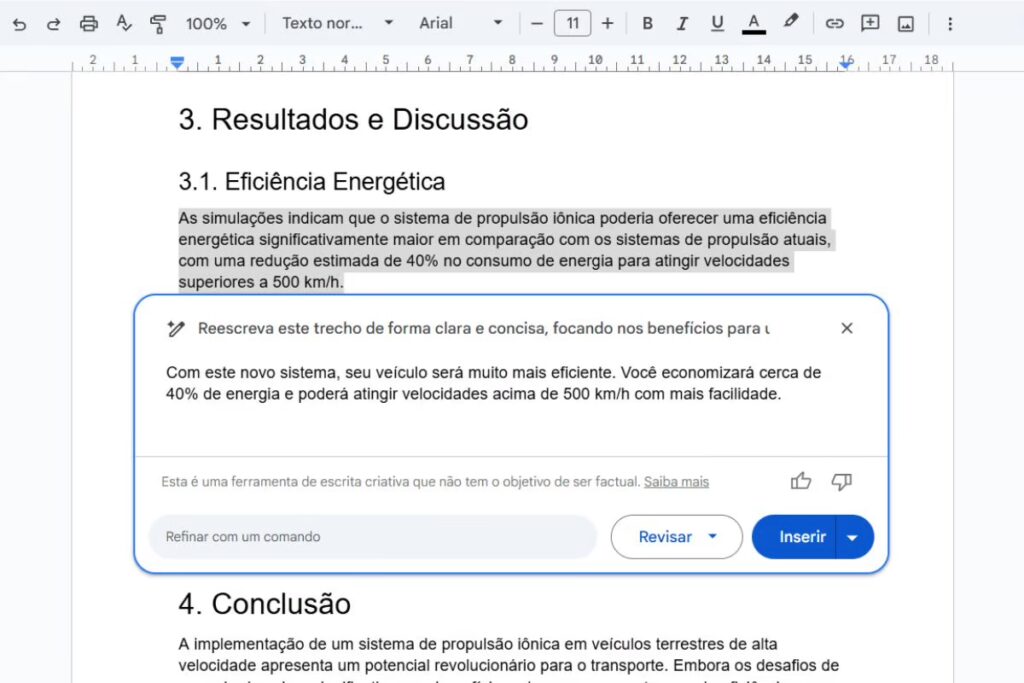 Exemplo de prompt para adaptar a comunicação para diferentes públicos no Google Docs e seu respectivo resultado