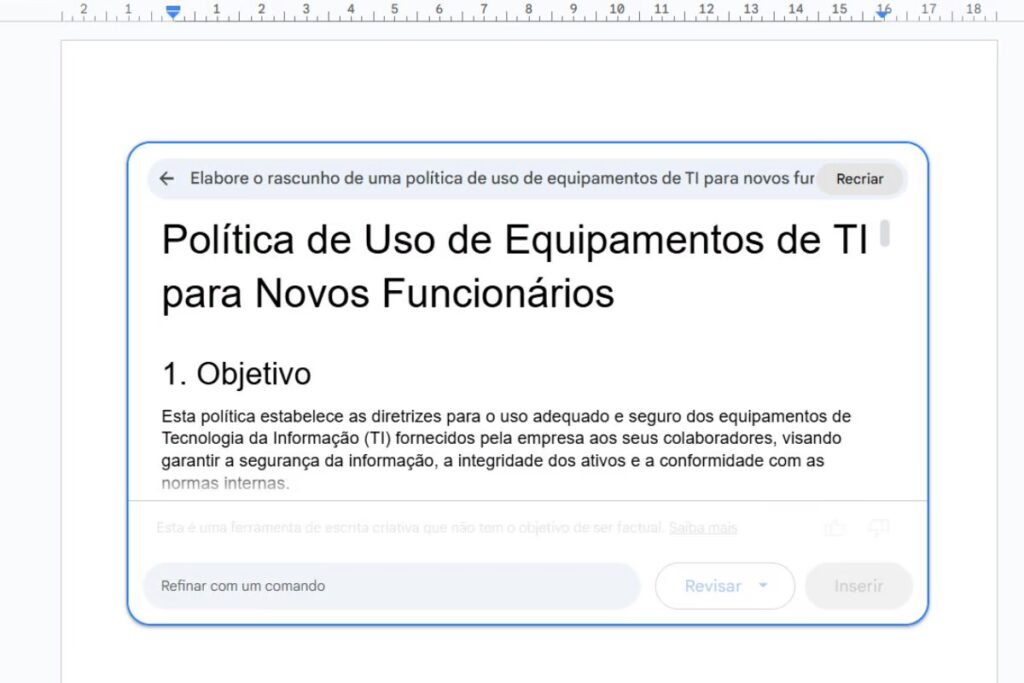 Exemplo de prompt para criar rascunhos no Google Docs e seu respectivo resultado