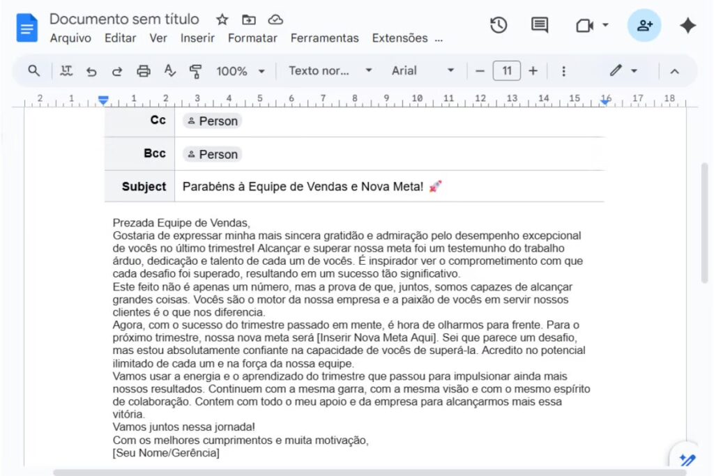 Exemplo de prompt para criar e-mails e comunicados importantes no Google Docs e seu respectivo resultado