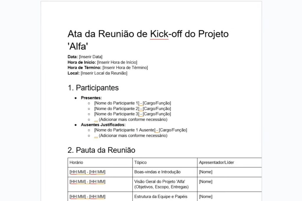 Exemplo de prompt para estruturar projetos e reuniões no Google Docs e seu respectivo resultado