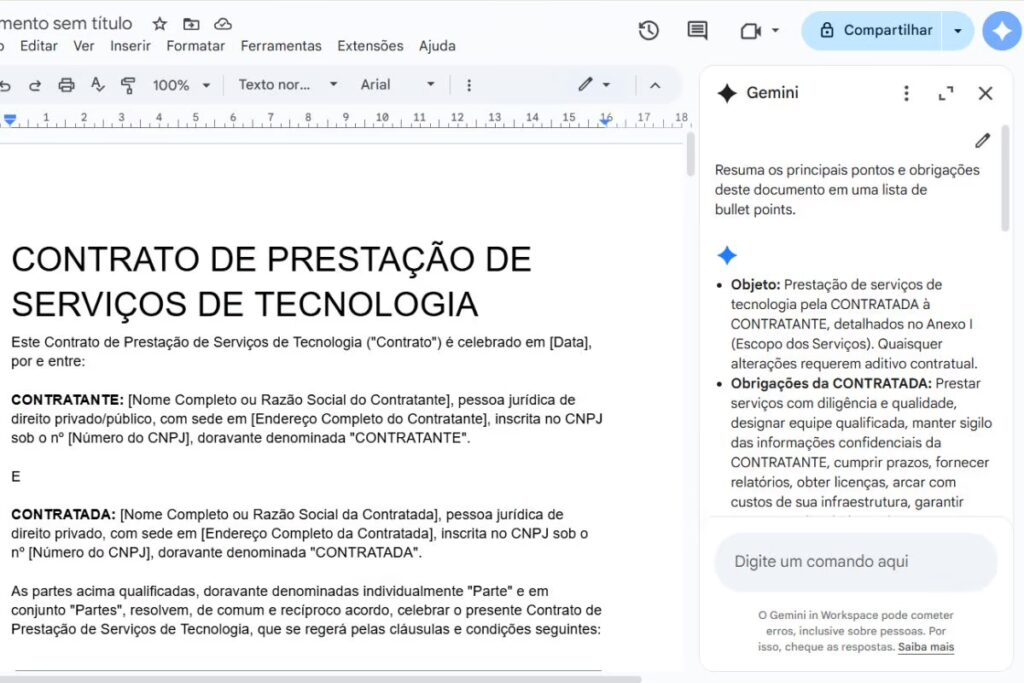 Exemplo de prompt para resumir documentos longos no Google Docs e seu respectivo resultado