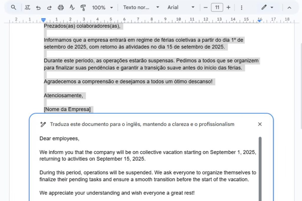 Exemplo de prompt para traduzir documentos no Google Docs e seu respectivo resultado